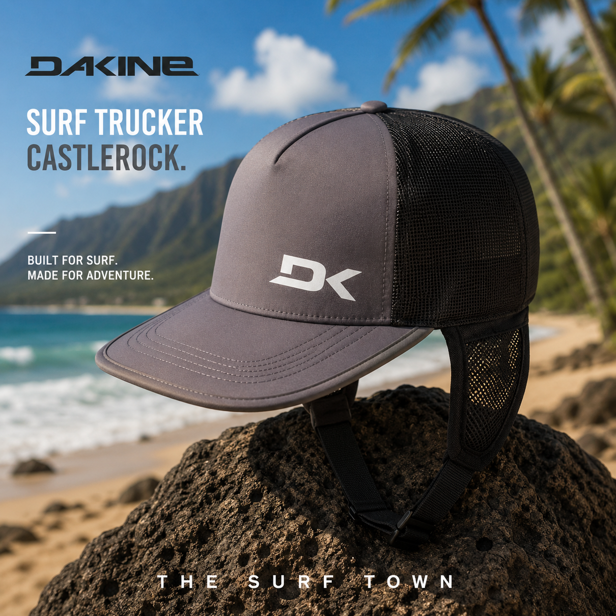 Gorra Dakine Surf Trucker Castlerock en fotografía editorial propia de THE SURF TOWN sobre roca volcánica en playa tropical de Hawái con luz natural diurna y estilo surf adventure premium