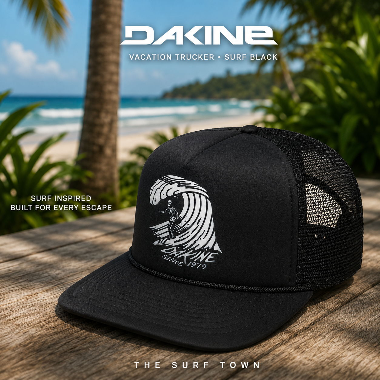 Gorra Dakine Vacation Trucker Surf Black en fotografía editorial propia de THE SURF TOWN en surf resort tropical premium junto al océano