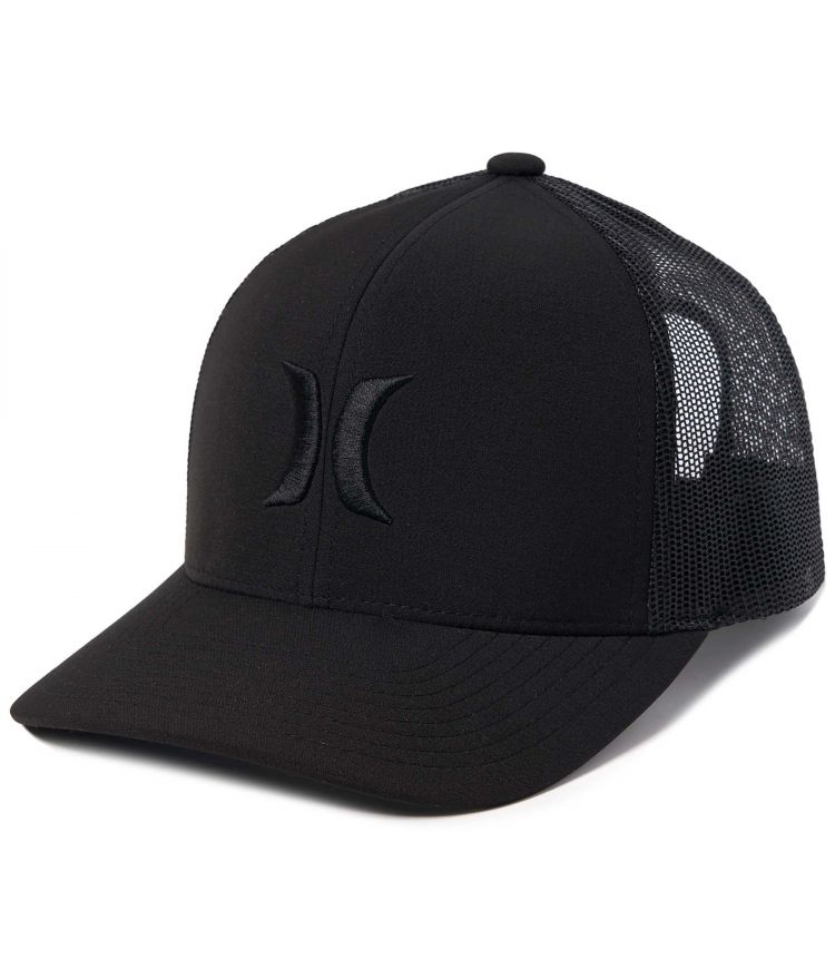 Gorra Hurley Del Mar Trucker Black negra con rejilla trasera y logo frontal en relieve