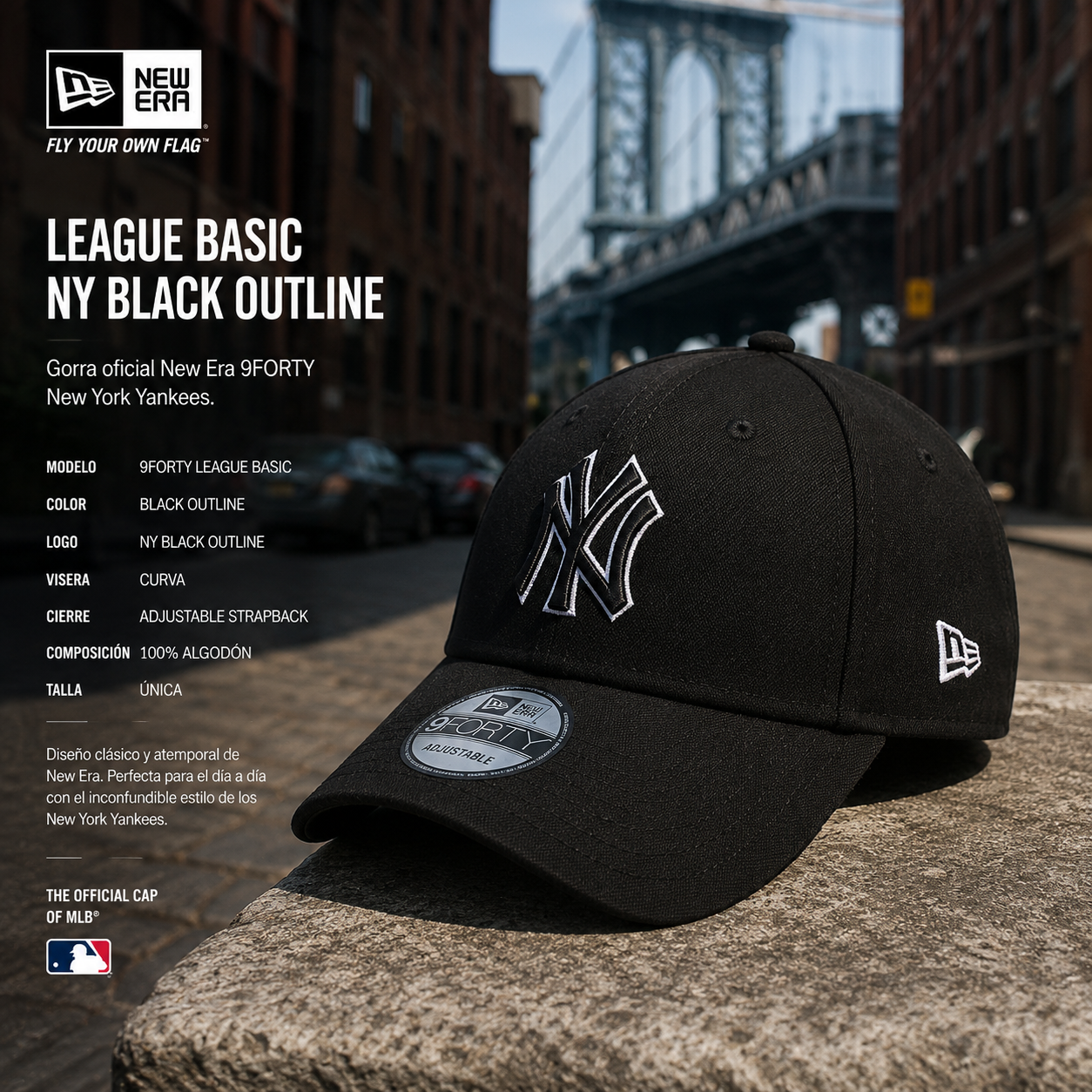 Gorra New Era League Basic NY Black Outline negra con logo NY bordado outline en escena editorial urbana estilo New York baseball clásico