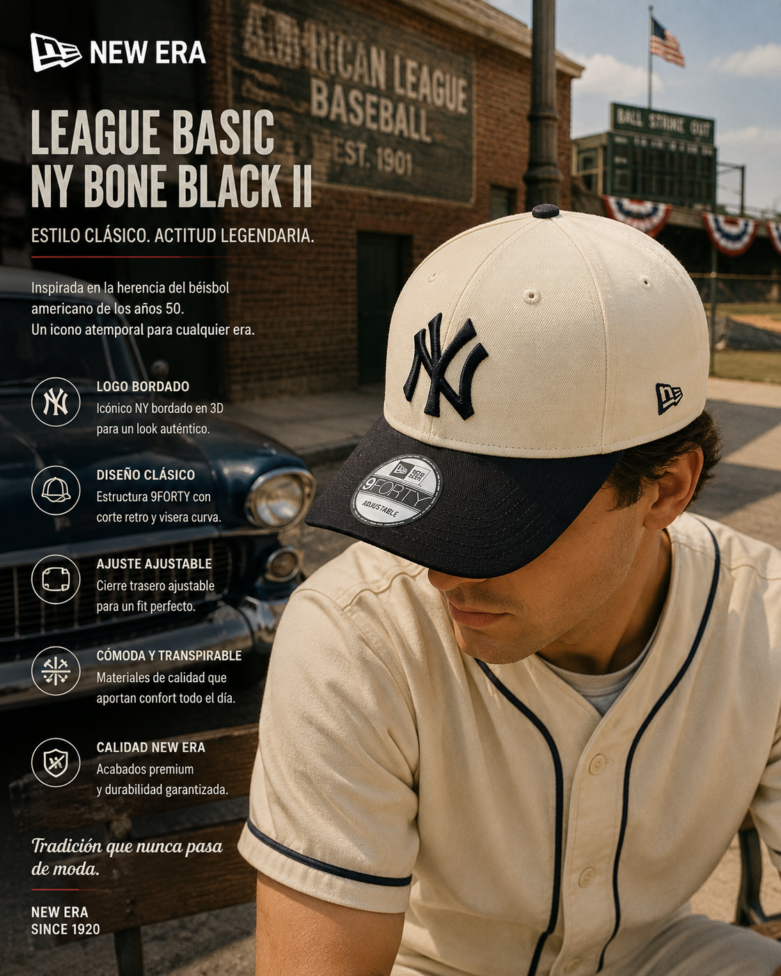 Gorra New Era League Basic NY Bone Black II estilo baseball retro americano premium