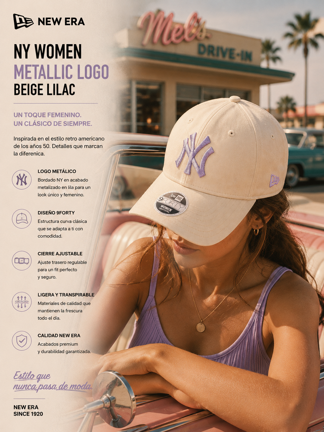 Gorra New Era NY Women Metallic Logo Beige Lilac estilo baseball retro premium para mujer