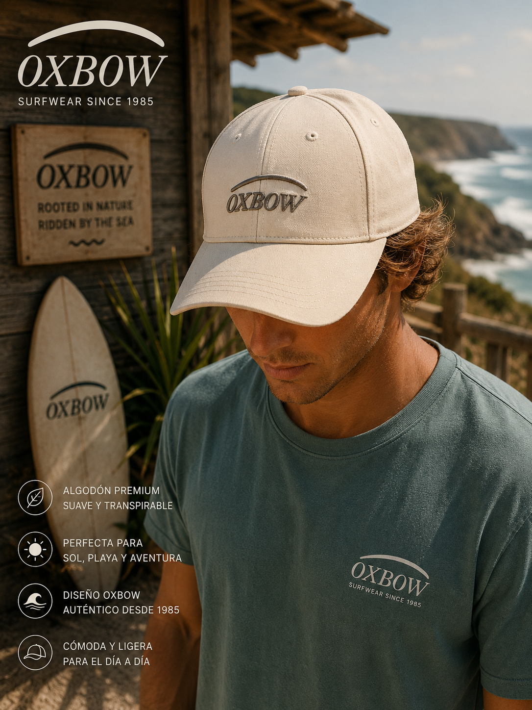 Gorra Oxbow Elini Rock beige con logo frontal en escenario coastal premium y estética editorial surf cinematográfica