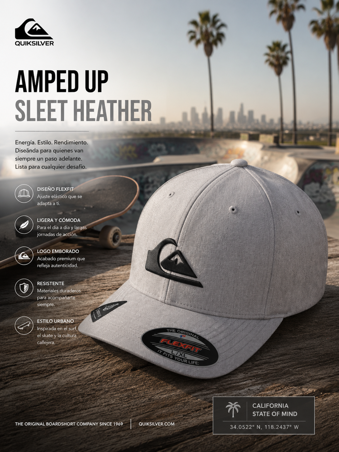 Gorra Quiksilver Amped Up Sleet Heather gris claro en escena editorial skate California lifestyle premium