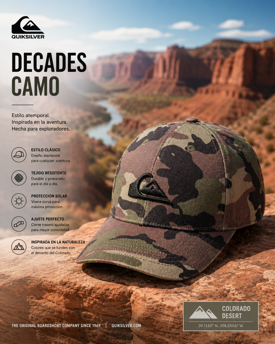 Gorra Quiksilver Decades Camo con estampado militar en escena editorial desierto Colorado adventure lifestyle