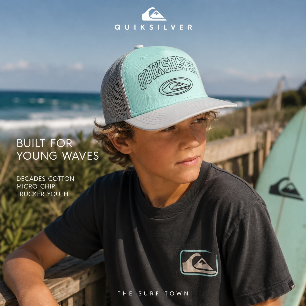 Gorra Quiksilver Decades Cotton Micro Chip Trucker Youth para niño en entorno surf junto al mar, fotografía editorial propia de THE SURF TOWN inspirada en el surf lifestyle juvenil y las aventuras al aire libre