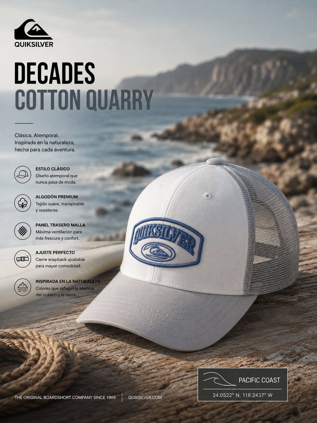 Gorra Quiksilver Decades Cotton Quarry blanca y gris con parche bordado en escena editorial coastal surf premium