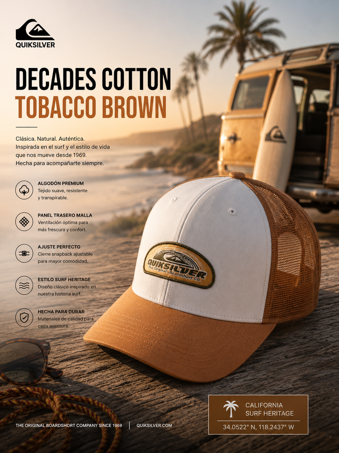 Gorra Quiksilver Decades Cotton Tobacco Brown trucker marrón y blanca en escena editorial surf heritage coastal premium