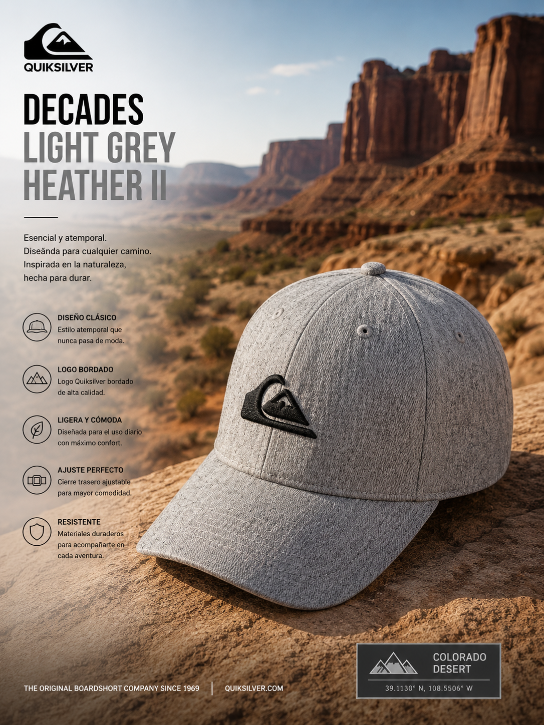 Gorra Quiksilver Decades Light Grey Heather II gris claro en escena editorial desierto Colorado premium outdoor