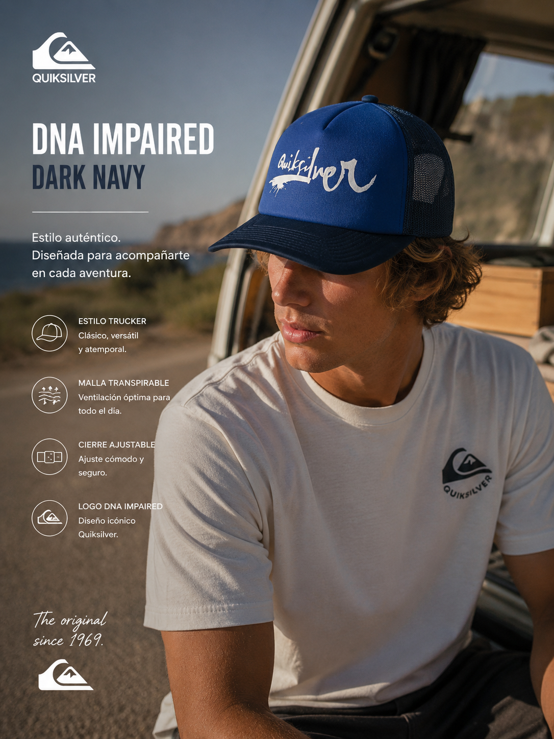 Gorra Quiksilver DNA Impaired Dark Navy estilo surf lifestyle premium para hombre
