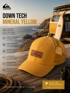 Gorra Quiksilver Down Tech Mineral Yellow amarilla trucker en escena editorial coastal adventure surf lifestyle
