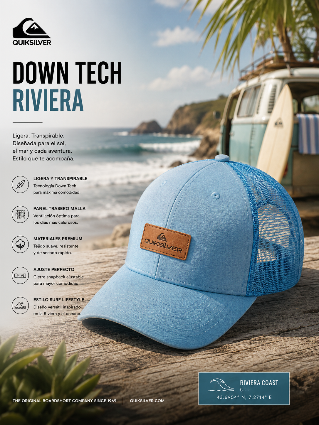 Gorra Quiksilver Down Tech Riviera azul claro trucker en escena editorial surf coast lifestyle premium
