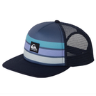 Gorra Quiksilver Emu Coop Blue azul con rejilla trasera, visera plana y parche frontal bordado estilo trucker