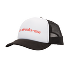 Gorra Quiksilver Omni Trucker White blanca y negra con logo rojo frontal, panel trasero de rejilla y cierre ajustable snapback