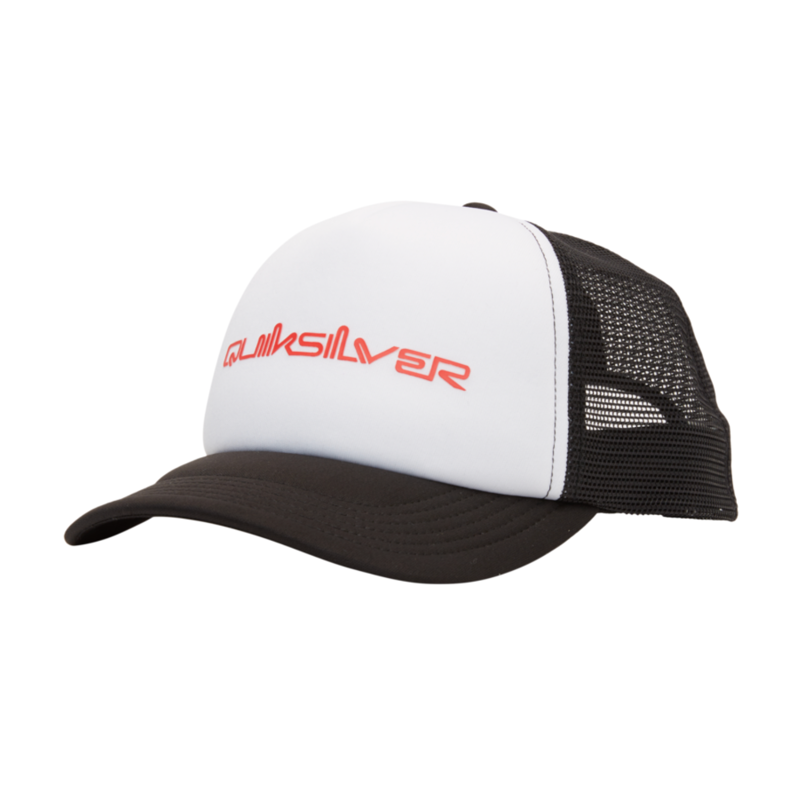 Gorra Quiksilver Omni Trucker White blanca y negra con logo rojo frontal, panel trasero de rejilla y cierre ajustable snapback