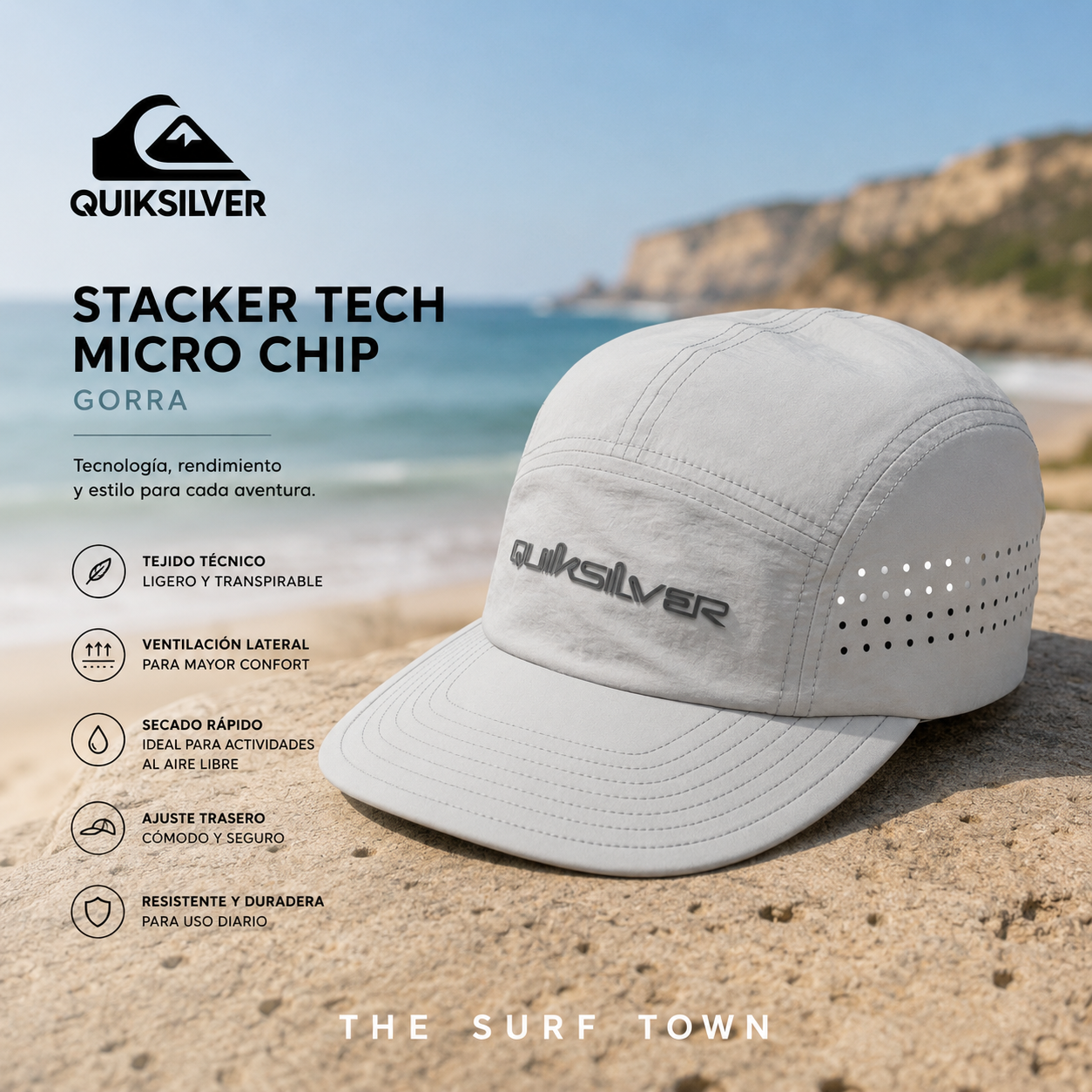 Gorra Quiksilver Stacker Tech Micro Chip en fotografía editorial propia de THE SURF TOWN con estilo outdoor surf premium y luz solar intensa
