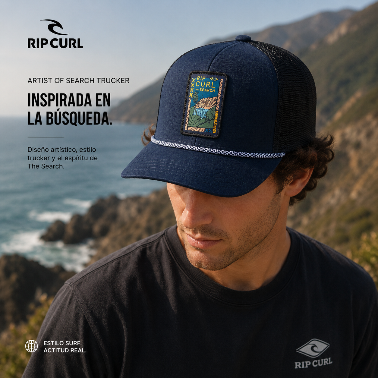 Gorra Rip Curl Artist Of Search Trucker Navy azul marino en entorno costero surf lifestyle