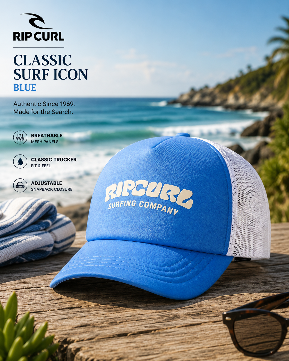 Gorra Rip Curl Classic Surf Icon Blue en escena surf lifestyle premium con luz natural brillante junto al mar
