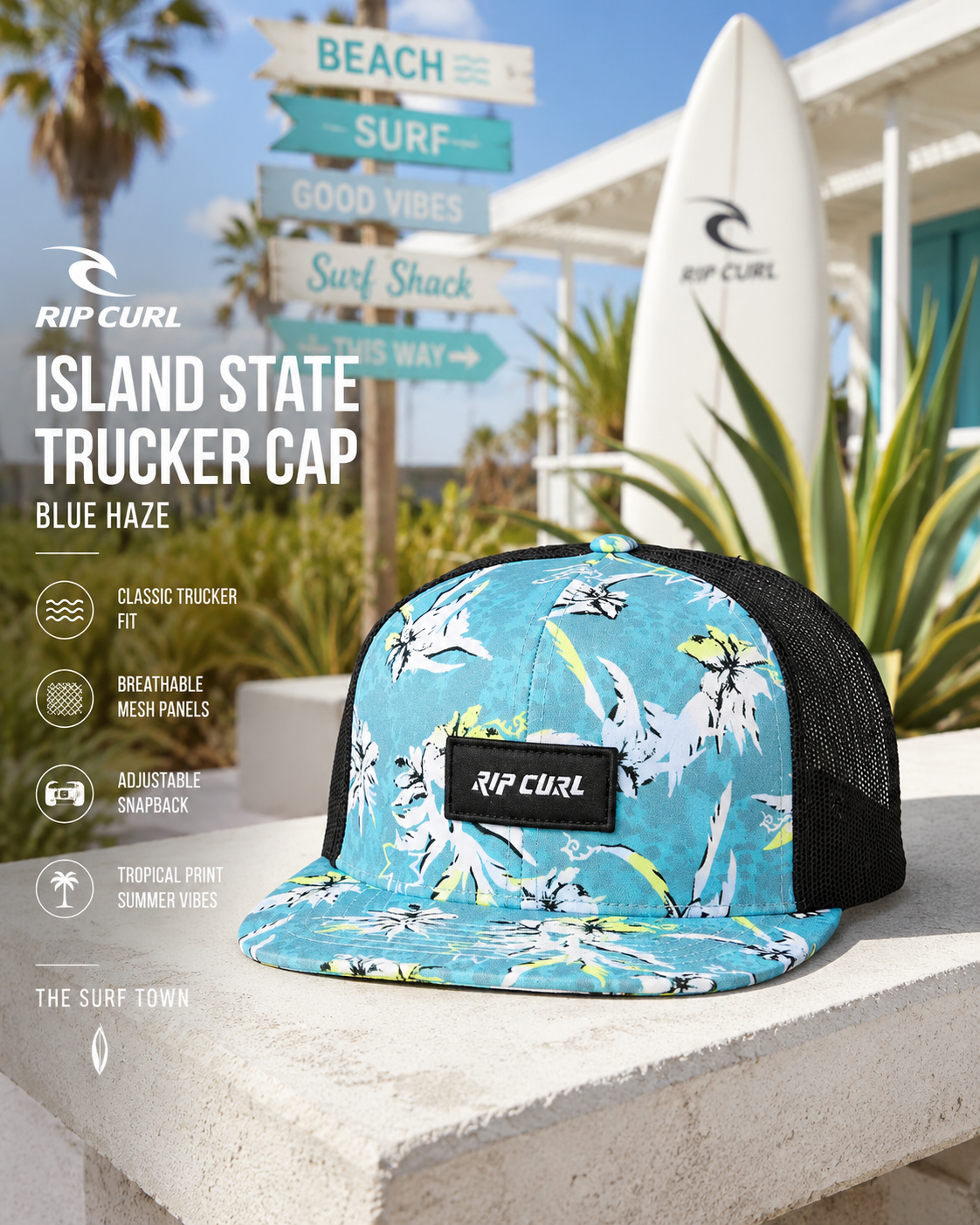 Gorra Rip Curl Combo Trucker Blue Lagoon en beach house tropical luminosa con estética surf lifestyle veraniega