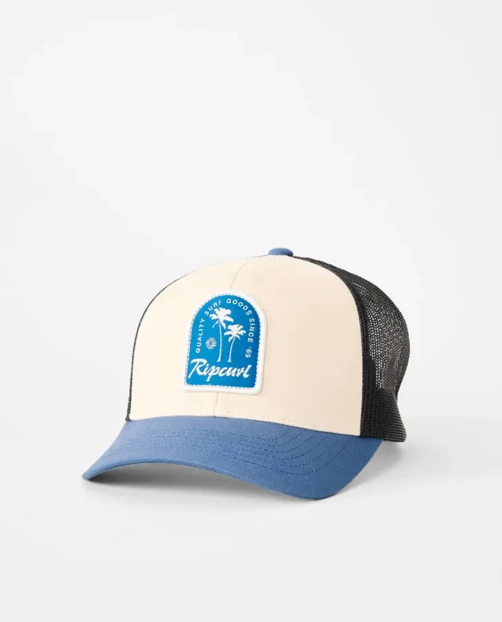 Gorra RIP CURL Custom Curve Trucker Light Blue con parche frontal surf y rejilla trasera negra