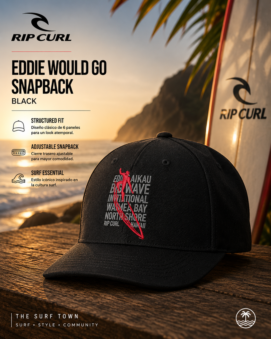 Gorra Rip Curl Eddie Would Go Snapback Black en escenario surf premium junto al mar con estética editorial coastal lifestyle