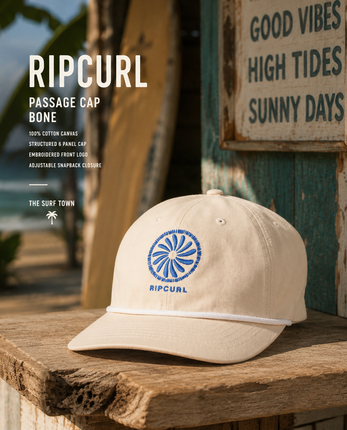 Gorra Rip Curl Passage Cap Vintage White en escenario surf shack premium tropical con estética lifestyle surf y madera envejecida