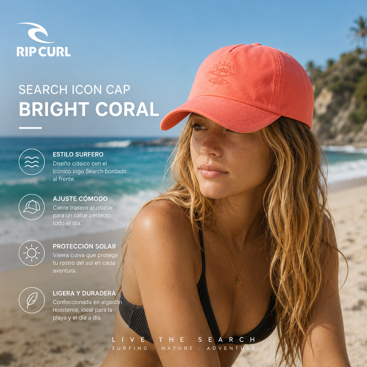 Gorra Rip Curl Search Icon Cap Bright Coral en fotografía editorial propia de THE SURF TOWN inspirada en un surf resort premium de Hawái