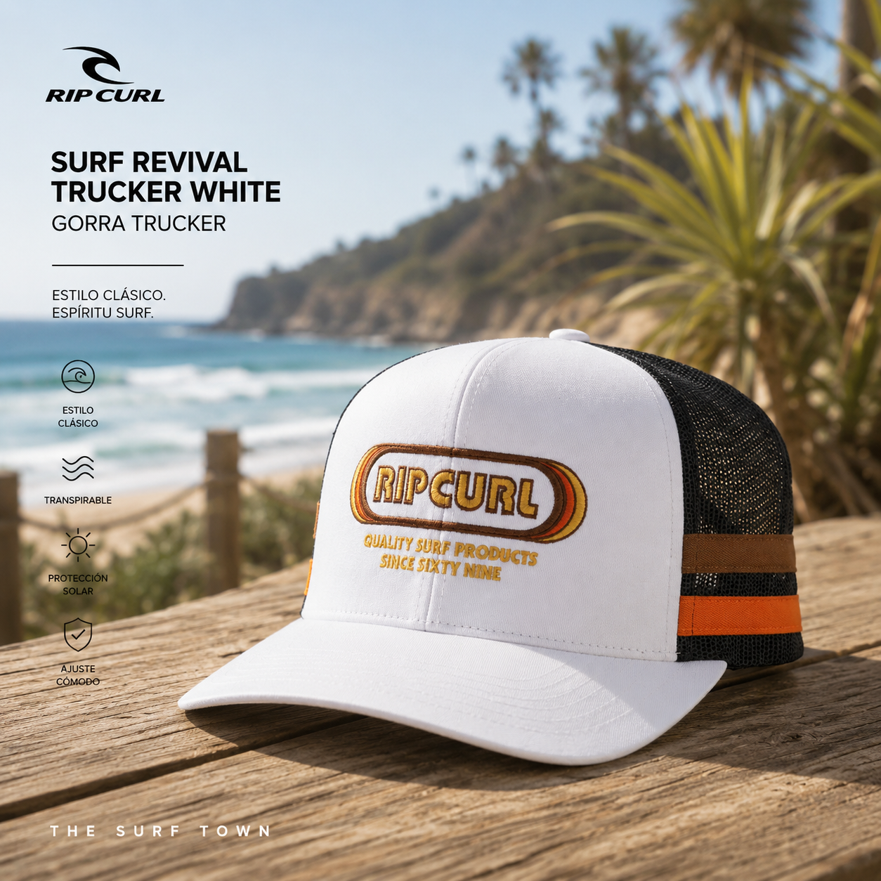 Gorra Rip Curl Surf Revival Trucker White sobre mesa de madera frente al mar, fotografía editorial propia de THE SURF TOWN con estilo surf lifestyle premium y esencia beachwear