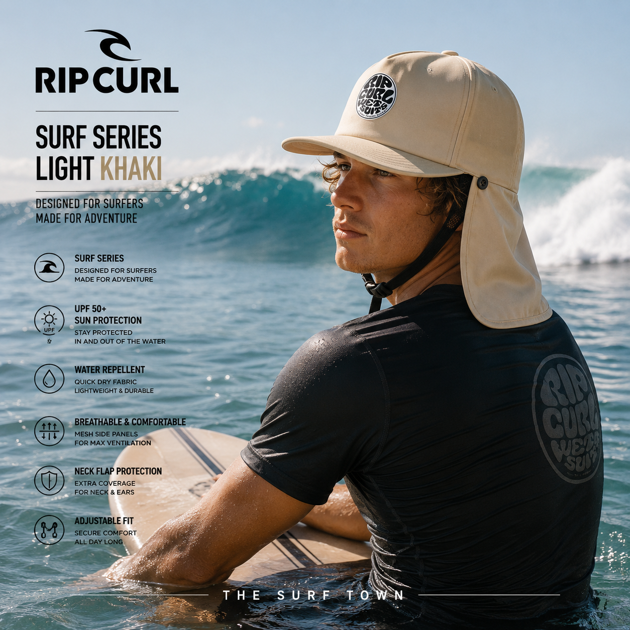 Gorra Rip Curl Surf Series Light Khaki en fotografía editorial propia de THE SURF TOWN con surfero esperando una ola en el pico, protección solar para nuca y cuello, diseño técnico surf UPF y estilo outdoor para largas sesiones en el agua.