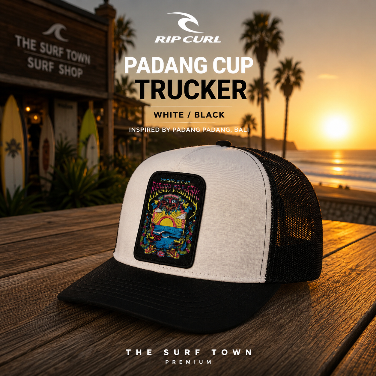 Gorra Rip Curl Trucker Padang Cup White Black con fotografía editorial propia de THE SURF TOWN inspirada en Padang Padang Bali y el surf lifestyle de Indonesia