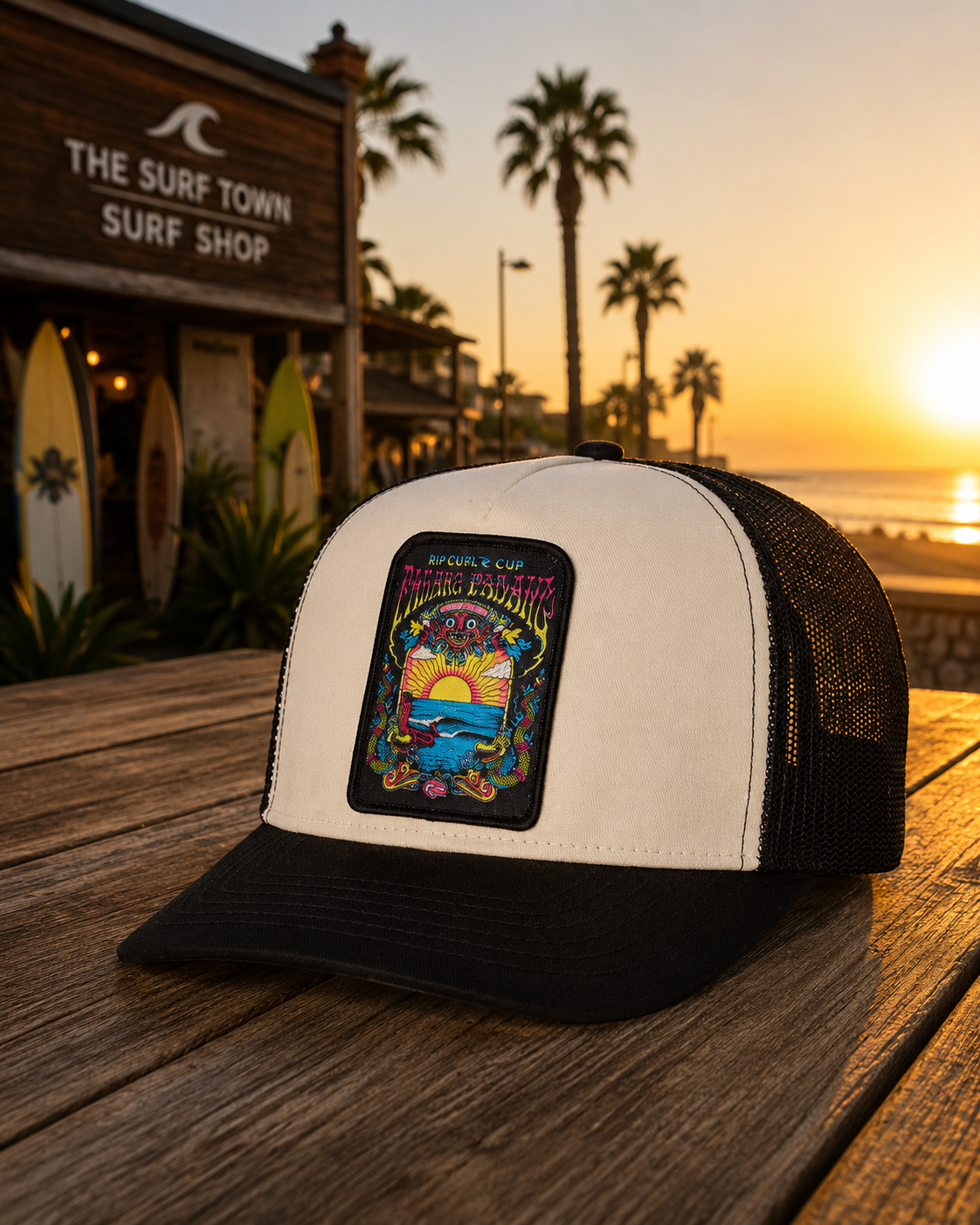 Gorra trucker Rip Curl Padang Padang blanca y negra lifestyle surf premium sobre mesa frente al mar al atardecer