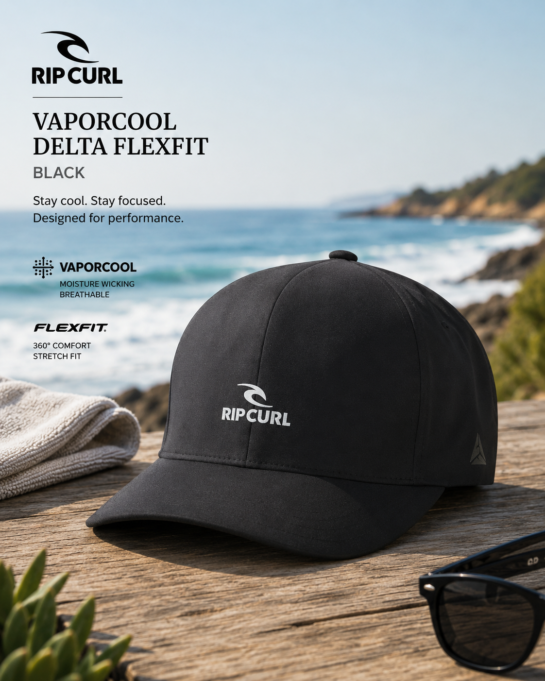 Gorra Rip Curl VaporCool Delta Flexfit Black en escena surf lifestyle frente al mar con luz natural brillante
