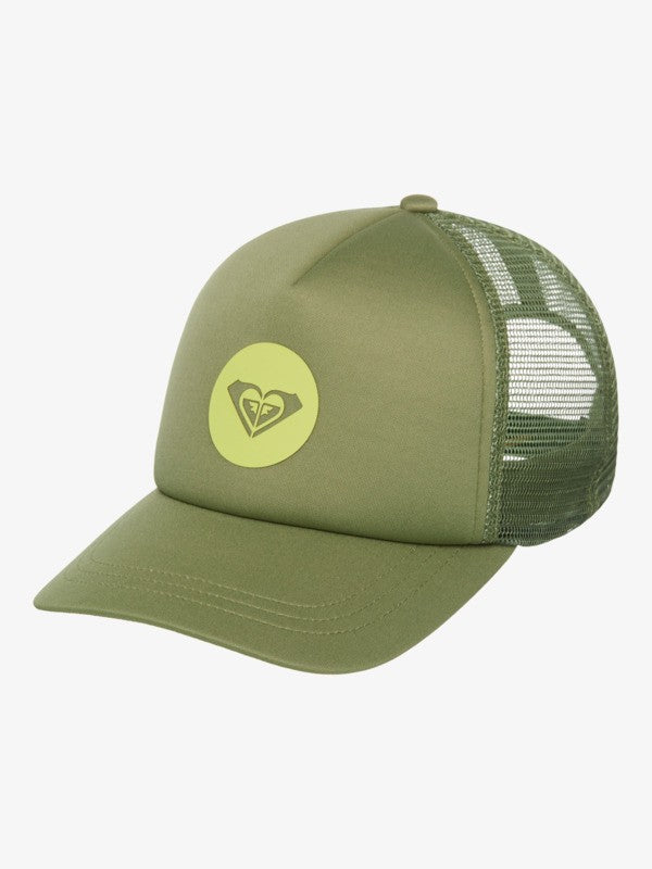 Gorra Roxy Brighter Day Oil Green verde estilo trucker con rejilla trasera y logo frontal