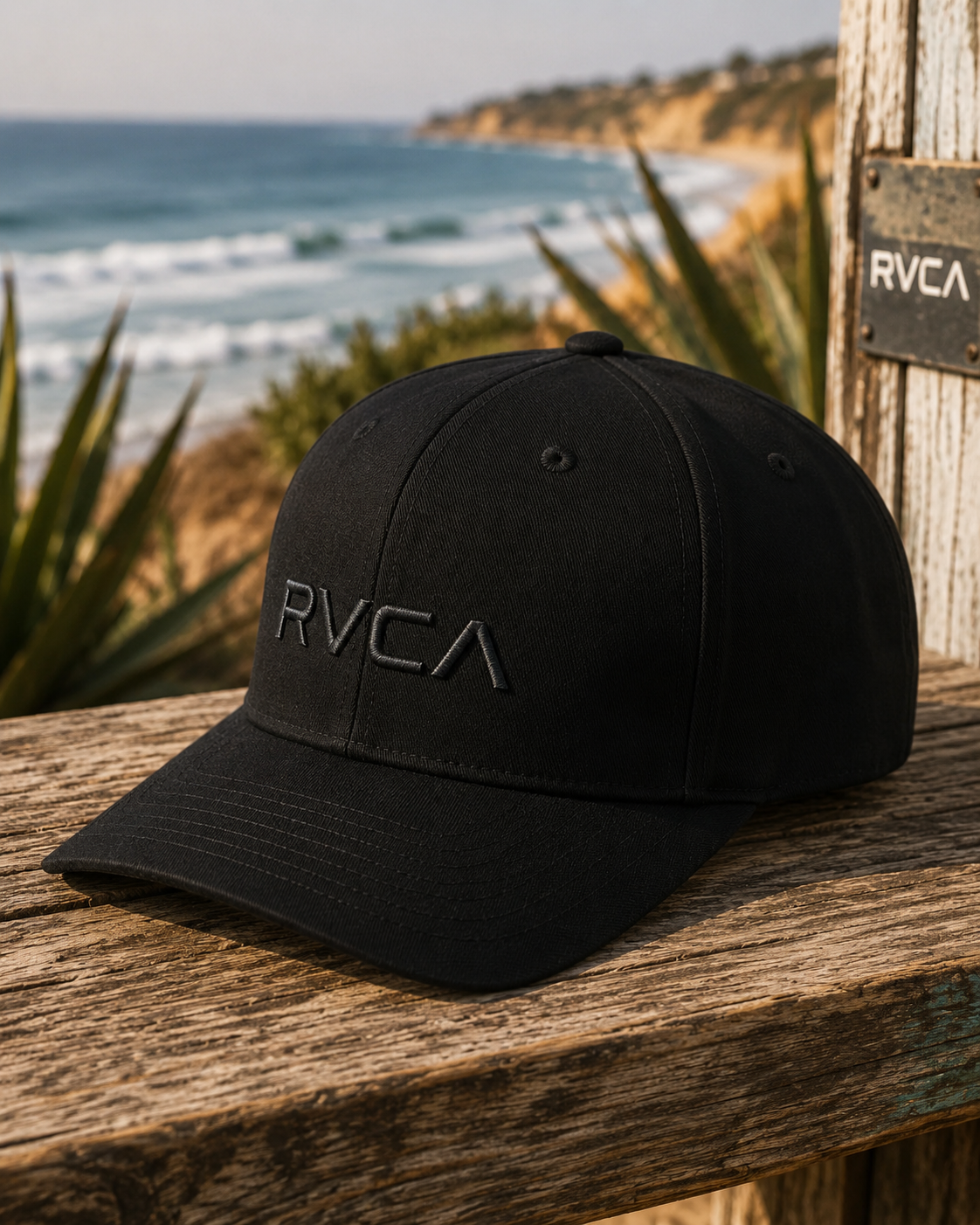 Gorra RVCA Flex Fit negra para hombre en escena coastal junto al mar