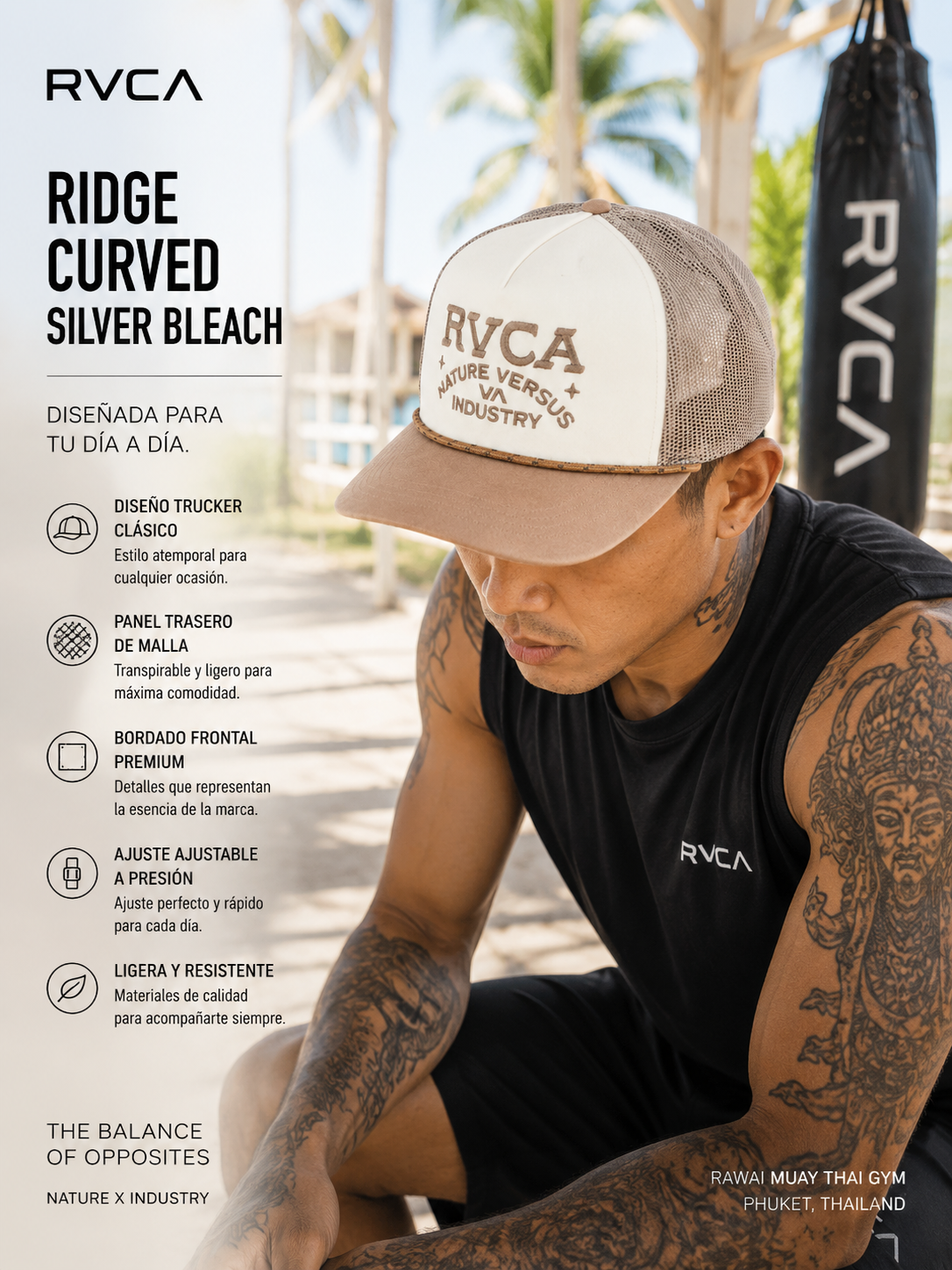 Gorra RVCA Ridge Curved Silver Bleach estilo combat surf lifestyle premium