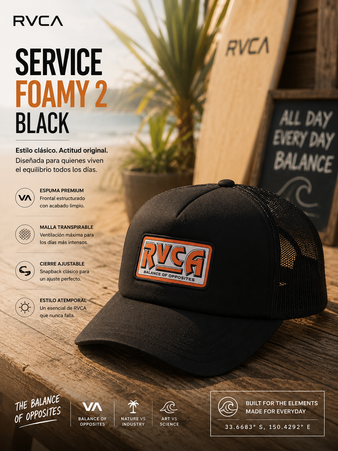 Gorra RVCA Service Foamy 2 Black estilo surf trucker premium en beach club