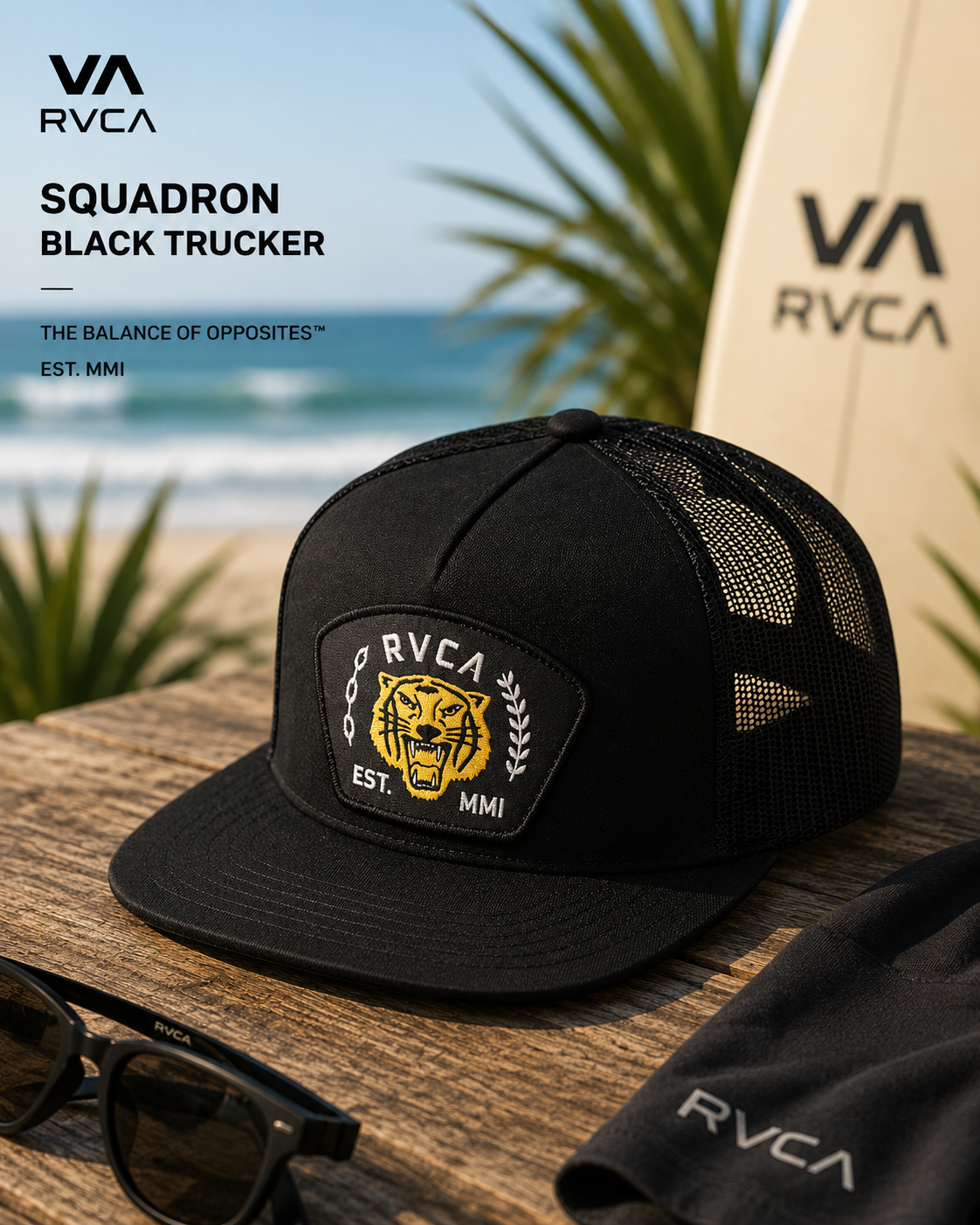 Gorra Rvca Squadron Black Trucker lifestyle surf premium trucker negra