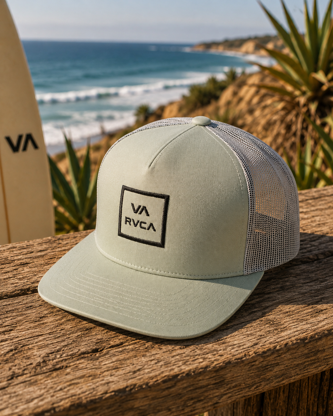 Gorra RVCA VA All The Way verde claro estilo surf lifestyle sobre mesa de madera frente al mar