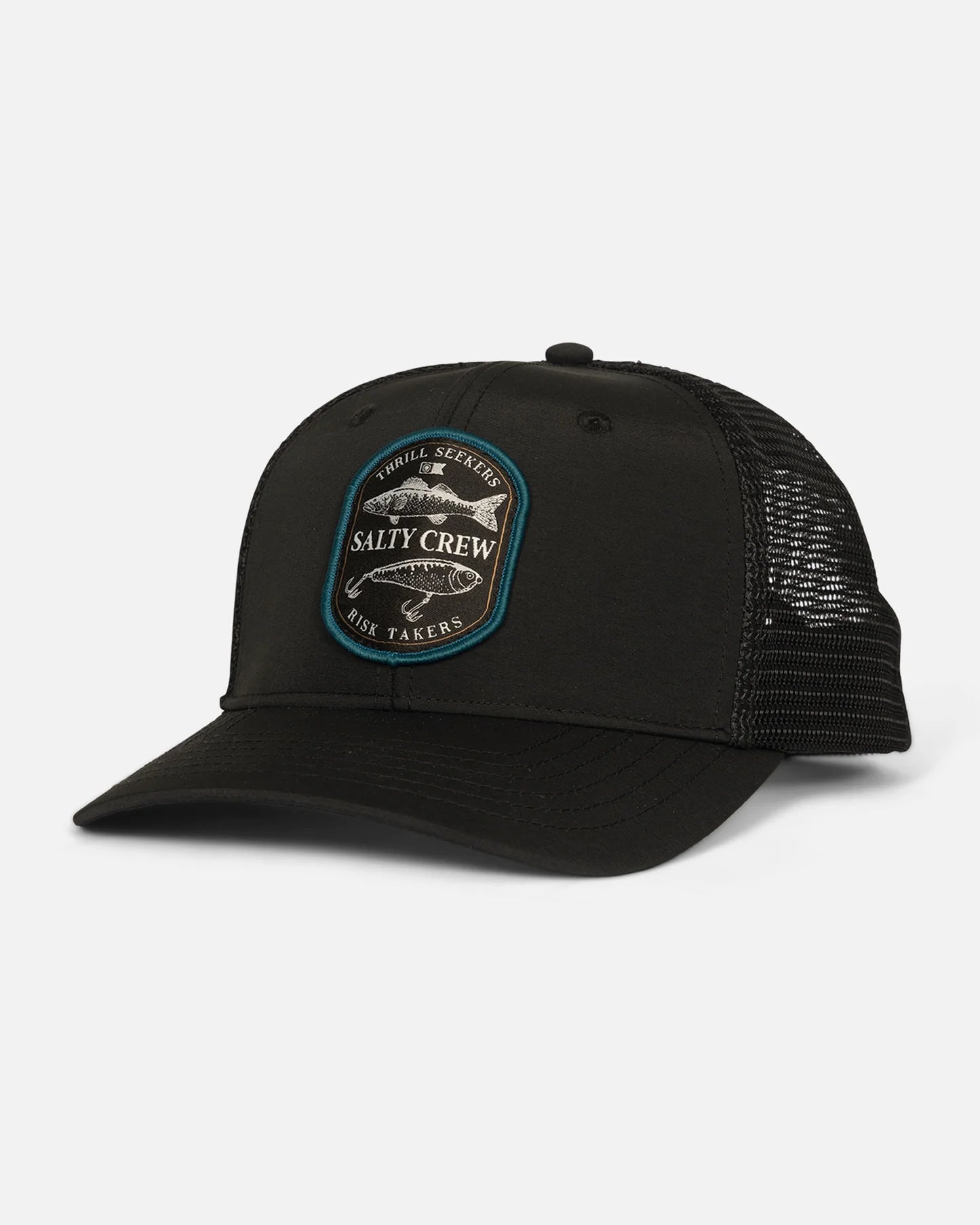 Gorra Salty Crew Baited Retro Trucker Black negra con parche frontal y rejilla trasera