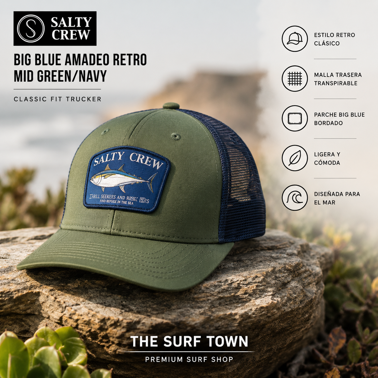 Gorra Salty Crew Big Blue Amadeo Retro Mid Green/Navy, imagen editorial propia de THE SURF TOWN