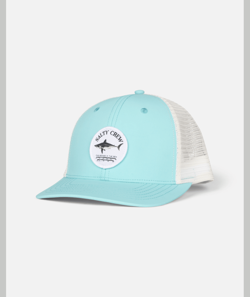 Gorra Salty Crew Bruce Trucker Turquoise con panel frontal turquesa, visera curva y rejilla trasera transpirable para estilo surf y playa