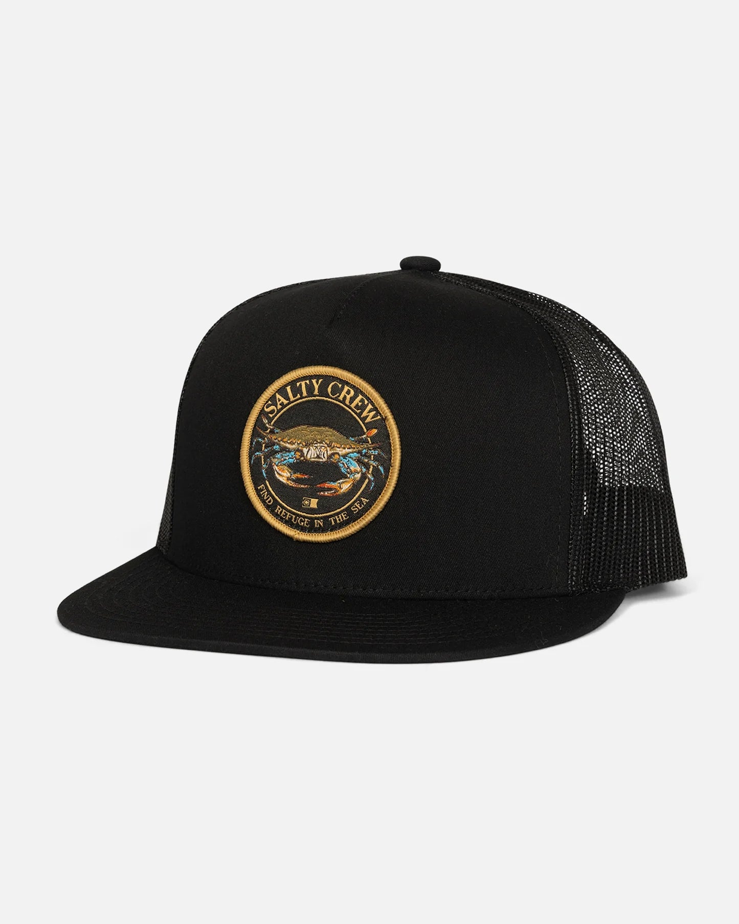 Gorra Salty Crew Jimmy Trucker Black negra con parche frontal circular y rejilla trasera