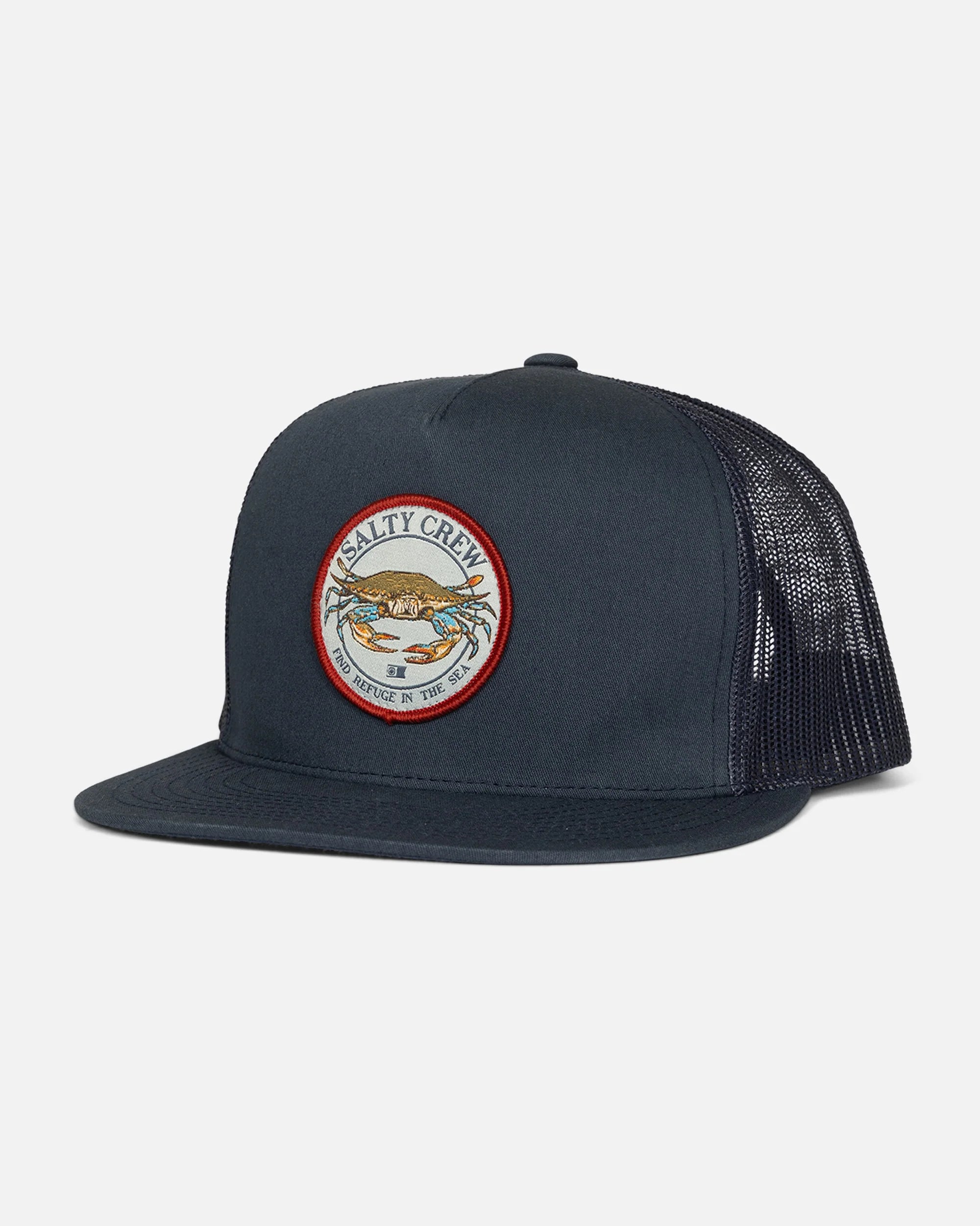 Gorra Salty Crew Jimmy Trucker Navy azul marino con parche frontal circular y rejilla trasera
