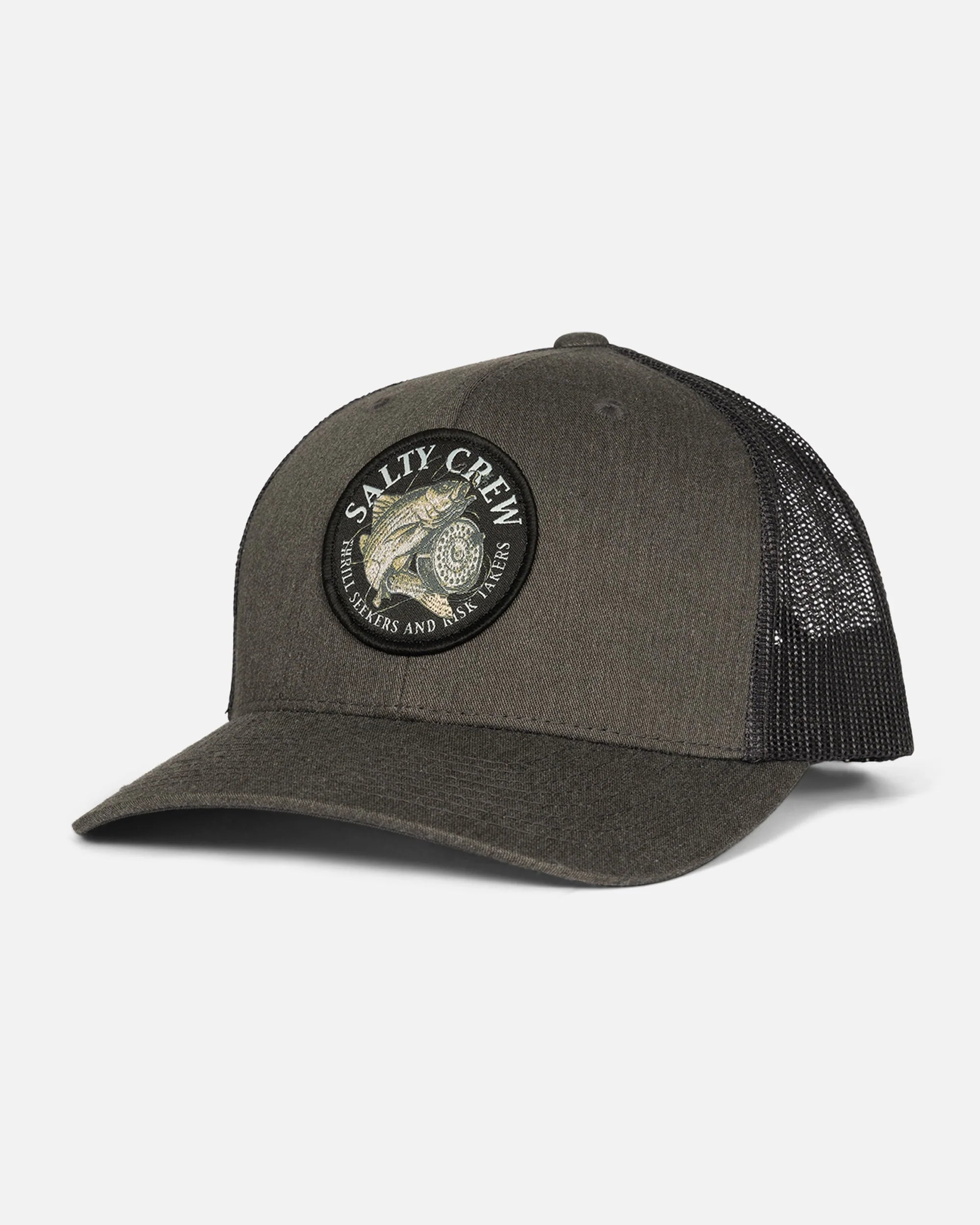 Gorra Salty Crew Reel Fly Retro Trucker Dark Heather Grey gris oscuro con parche frontal y rejilla trasera