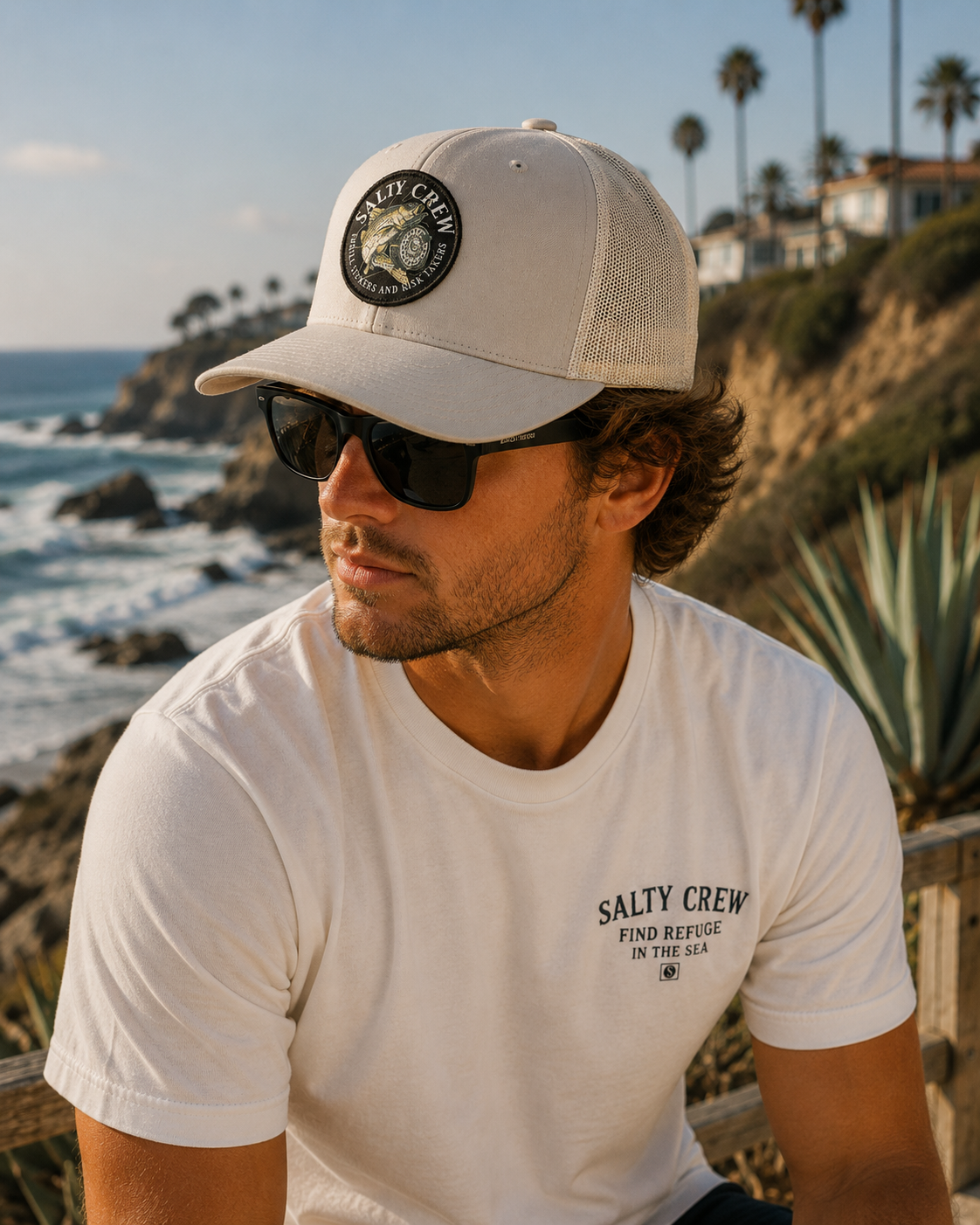 Gorra Salty Crew Reel Fly Retro Trucker Silver en ambiente surf lifestyle junto al mar con estilo Costa del Sol y beach vibes premium