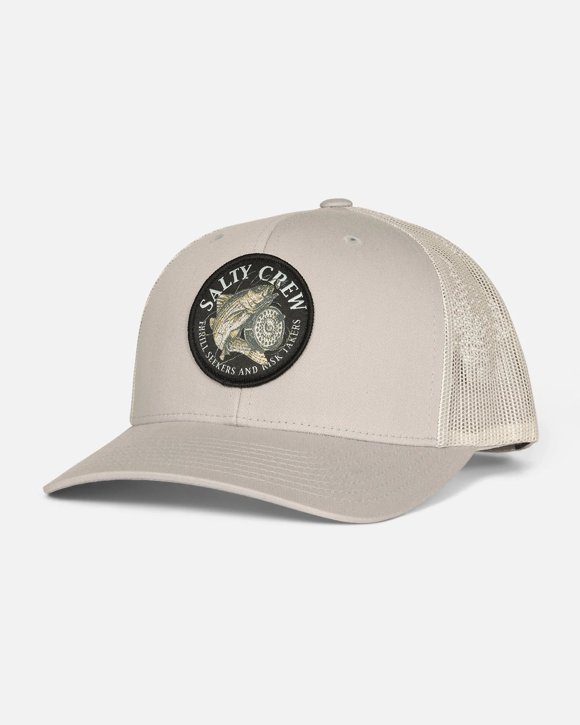 Gorra Salty Crew Reel Fly Retro Trucker Silver gris claro con parche frontal y rejilla transpirable