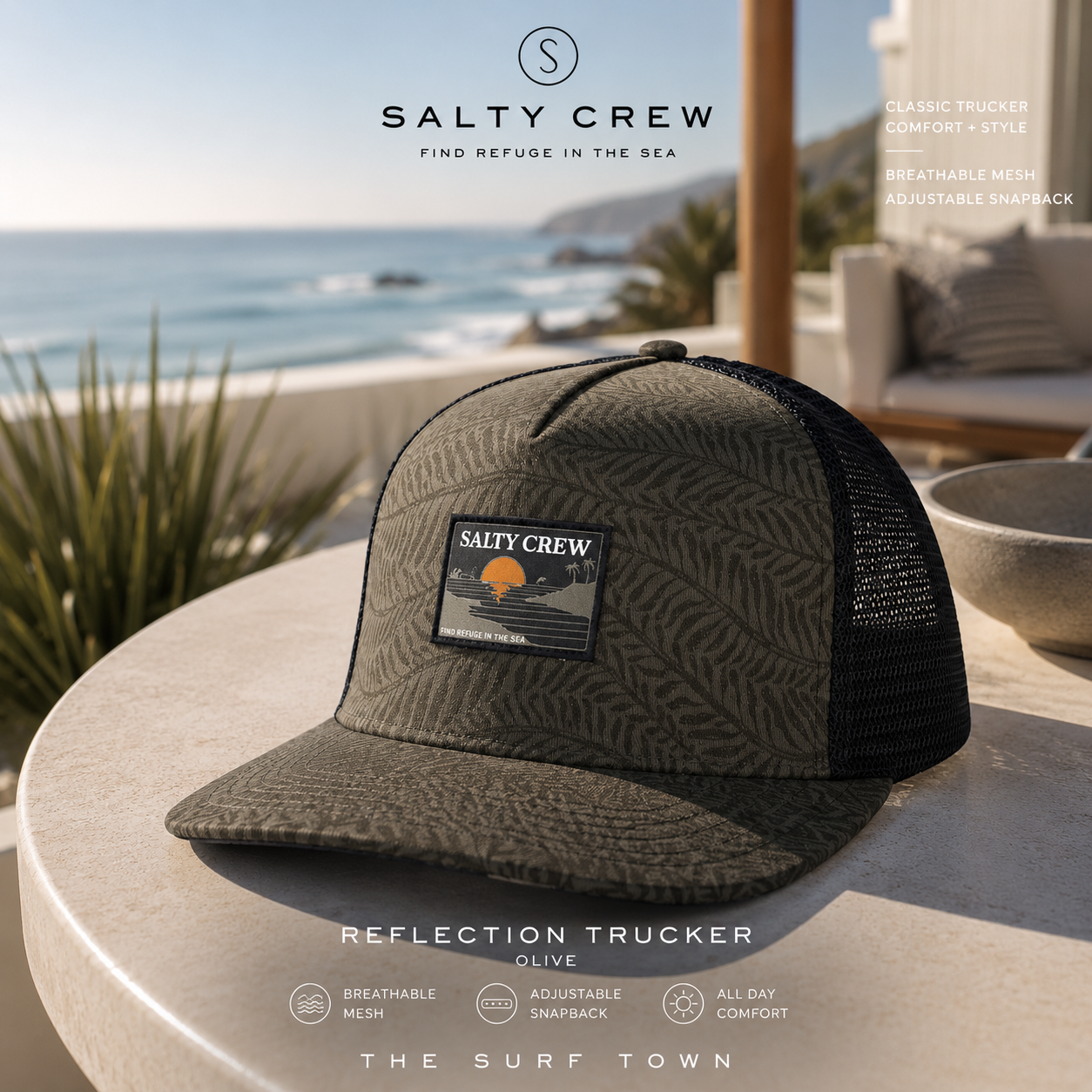 Gorra Salty Crew Reflection Trucker Olive en hotel boutique frente al mar, fotografía editorial propia de THE SURF TOWN con diseño trucker premium, rejilla transpirable y estilo surf lifestyle