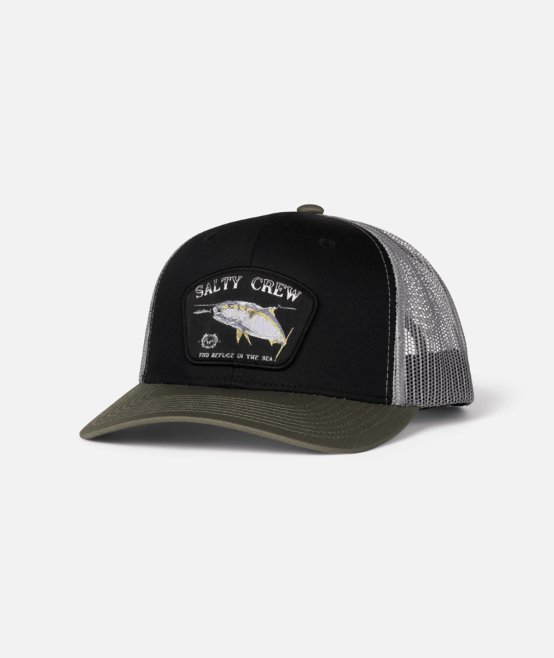 Gorra Salty Crew Surface Retro Trucker Black con parche frontal, visera curva y rejilla trasera transpirable para surf y actividades outdoor