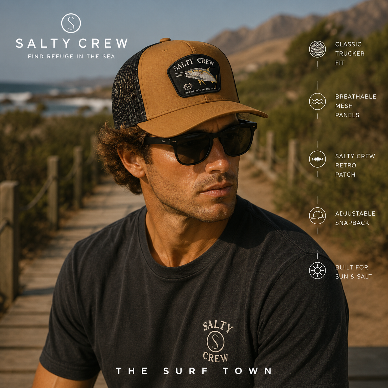 Gorra Salty Crew Surface Retro Trucker Camel Black en camino de madera entre dunas, fotografía editorial propia de THE SURF TOWN con estilo surf lifestyle, parche retro y rejilla transpirable para verano