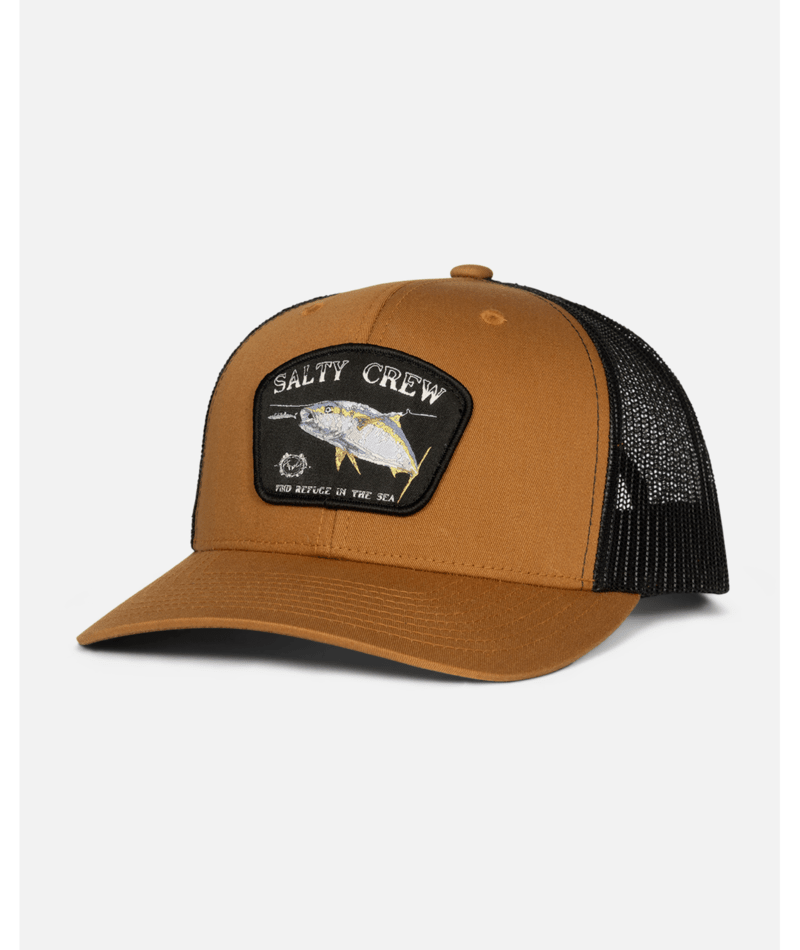 Gorra Salty Crew Surface Retro Trucker Camel Black con parche frontal, visera curva y rejilla trasera transpirable para estilo surf y outdoor